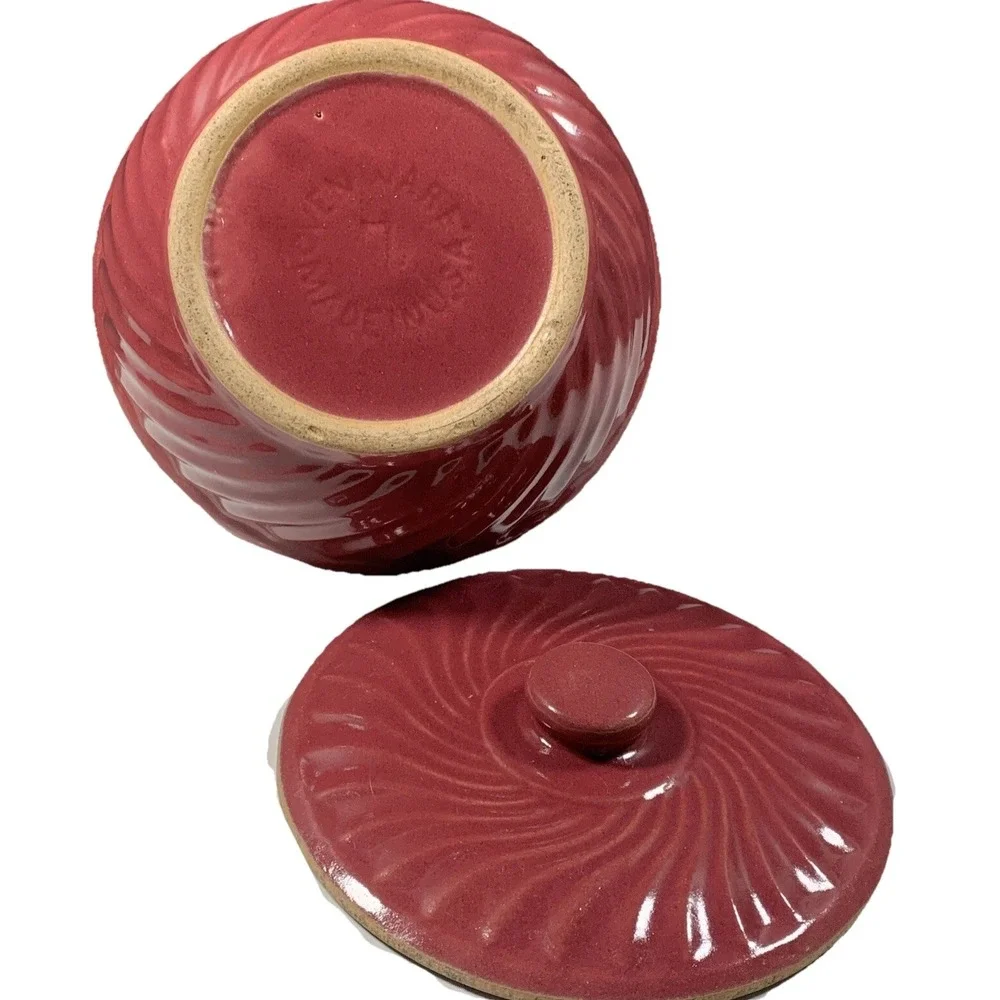 Vintage Bean Pot Casserole Dish Lidded Red Swirl Pottery USA Oven Ware Rustic